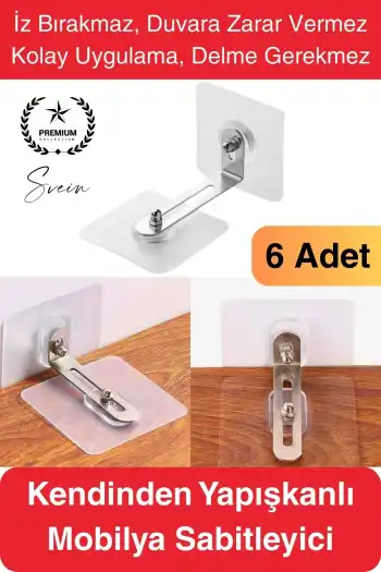 6 Adet Kendinden Yapışkanlı Mobilya Sabitleme Seti Delme Gerekmez Dolap Raf Tutucu Deprem Güvenliği