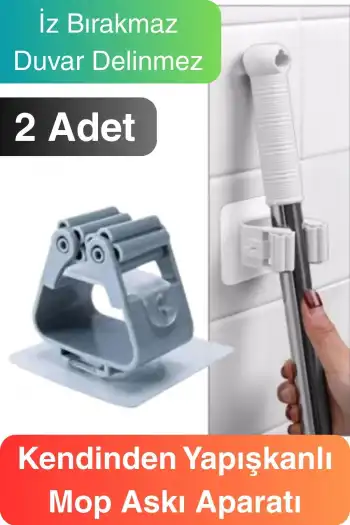 2 Adet Güçlü Tutunabilen Kendinden Yapışkanlı Mop Paspas Sabitleyici Duvara Monte İz Bırakmaz Tutucu