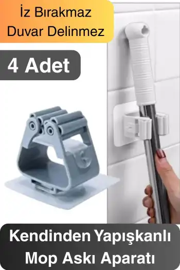 4 Adet Güçlü Tutunabilen Kendinden Yapışkanlı Mop Paspas Sabitleyici Duvara Monte İz Bırakmaz Tutucu