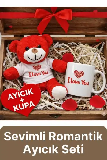 Özel Tasarım Sevimli Romantik Hediye Gift Sevgili I Love You Baskılı Kupa Ve Kırmızı Ayıcık Seti