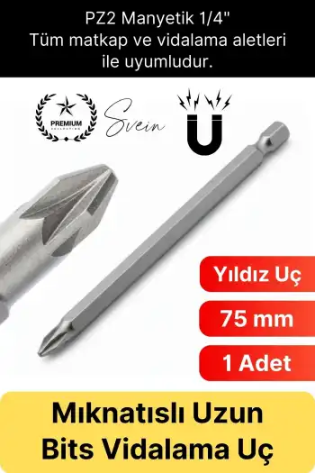 #Bitsuç Mıknatıslı 75 mm Yıldız Vidalama Bits Uç PZ2 Manyetik 1/4 Şarjlı Matkap Ucu Uzun Boy 1 Adet