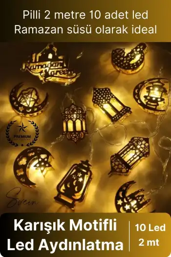 #LedIşık Gold Metal Ramazan Ayı Özel Seri Aydınlatma Karışık Motifli Şık 2 Metre 10 Led Günışığı