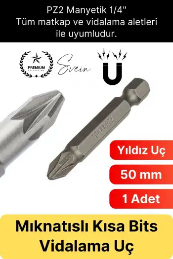 #Bitsuç 50 mm Mıknatıslı Yıldız Vidalama Bits Uç PZ2 Manyetik 1/4 Şarjlı Matkap Ucu Kısa Boy 1 Adet