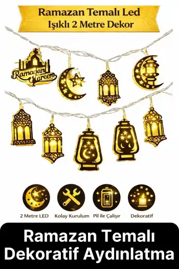 #RamazanLed Estetik Tasarım Süsleme Dekoratif Gold Metal Karışık Figürlü Aydınlatma LED Işık 2 Metre