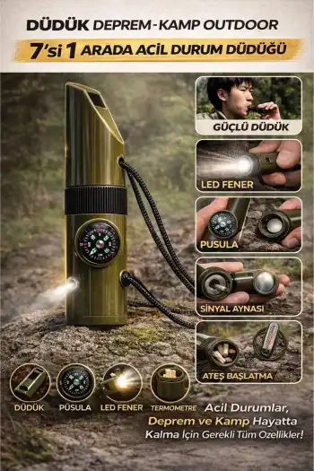 #Düdük Fener Pusula Sinyal Güvenlik Hayatta Kalma Kamp Deprem Outdoor 7si 1 Arada Acil Durum Düdüğü