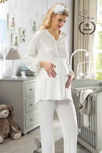 #Pijama Ekru Lohusa Pijama Takımı Hamile ve Doğum Sonrası Anne Adayları için Rahat Yumuşak Şık Sade