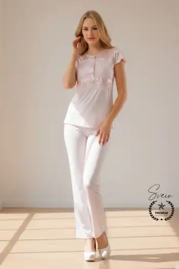 #Pijama Pudra Penye Kadın Pijama Takımı Rahat Ev Giyim Günlük ve Çeyizlik Nefes Alabilen Yumuşak