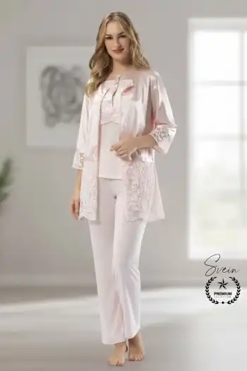 #Pijama Pudra Penye Kadın Pijama Takımı Rahat Ev Giyim Günlük ve Çeyizlik Nefes Alabilen Yumuşak