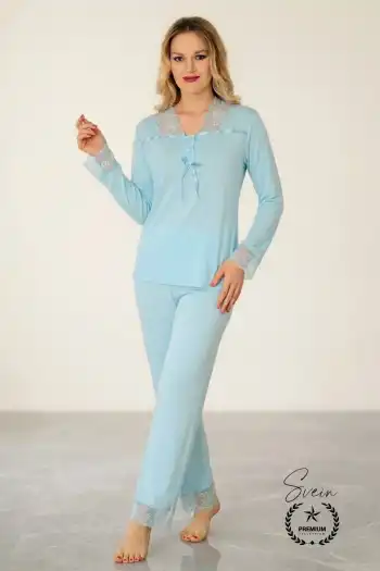 #Pijama Turkuaz Saten Kadın Pijama Takımı Rahat Ev Giyim Günlük ve Çeyizlik Nefes Alabilen Yumuşak