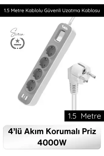 #UzatmaKablo 4’lü Akım Korumalı Priz 4000W 1.5 Metre Kablolu Çoklu Priz Aşırı Gerilim Korumalı 4 Soketli Güvenli Elektrik Kullanımı Uzatma Kablosu Dayanıklı Uzun Ömürlü Uzun Kablo Ev İş Yeri İçin