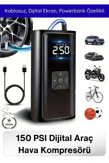 #HavaKompresör Dual Mod 150 PSI Led Powerbank Dijital Ekranlı Şarjlı Taşınabilir Araç Hava Kompresörü Lastik Şişirme Kablosuz Güçlü Basınç Ölçer Otomatik Kapanma Acil Durum Pompası Çok Amaçlı