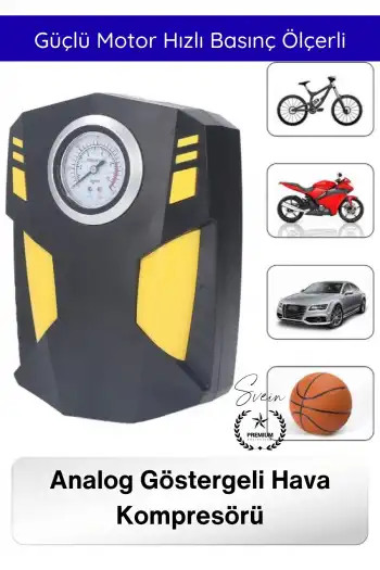 #Kompresör Profesyonel Analog Göstergeli Hava Kompresörü 12V Araç Çakmaklık Lastik Şişirme Güçlü Motor Hızlı Basınç Ölçer LED Aydınlatma Uzun Kablo Oto Motosiklet Bisiklet Top Şişirme Pompası