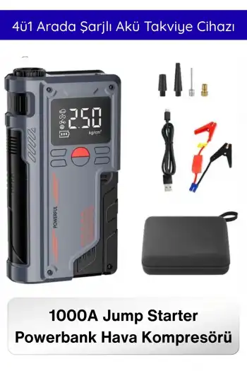 #Kompresör 1000A Jump Starter Powerbank Hava Kompresörü 4ü1 Arada Şarjlı Akü Takviye Cihazı 150 PSI Dijital Lastik Şişirme Boost Özellikli Acil Marş Starter LED Fener Powerbank Yol Yardım Seti