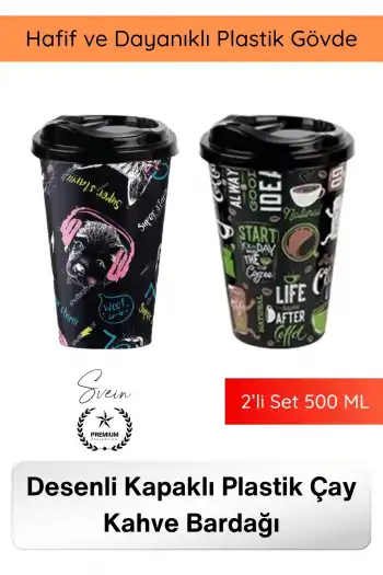 #Bardak Renkli Desenli Kapaklı Plastik Çay Kahve Bardağı 2’li Set 500 ML Taşınabilir İçecek Kupası Sızdırmaz Hafif Dayanıklı Soğuk Sıcak İçecek Ofis Araba Kamp Günlük Kullanım Mug Eğlenceli