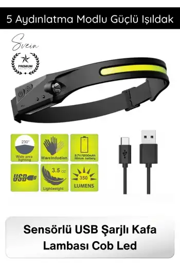 #KafaFeneri Sensörlü USB Şarjlı Kafa Lambası COB LED 5 Aydınlatma Modlu Güçlü Işıldak Dahili Pilli Ayarlanabilir Bantlı Kötü Koşullara Dayanıklı Kamp Balıkçılık Tamir Outdoor Çalışma Feneri