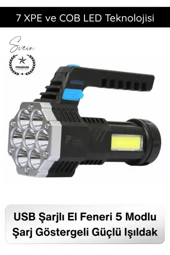 #Fener USB Şarjlı El Feneri 7 XPE COB LED 5 Modlu Şarj Göstergeli Güçlü Işıldak ABS Gövdeli Taşınabilir Kamp Av Balıkçılık Acil Durum Outdoor Aydınlatma Feneri