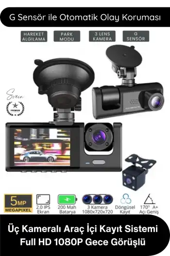 #Kamera Üç Kameralı Araç İçi Kayıt Sistemi Full HD 1080P Gece Görüşlü G Sensörlü Park Modlu Ön Arka İç Kamera IPS Ekran H.264 Döngüsel Kayıt Geri Görüş Destekli Oto Dash Cam Video Kaydedici