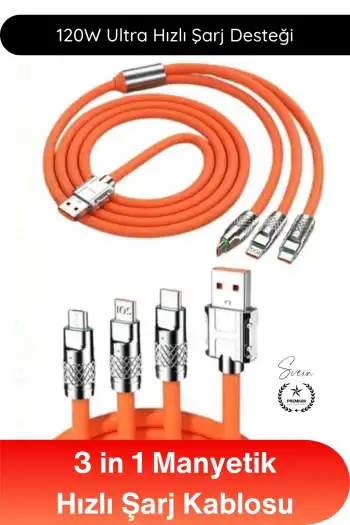 #ŞarjKablosu 3in1 Manyetik Hızlı Şarj Kablosu 120W Type C Lightning Micro USB Çinko Alaşımlı 1.2 Metre Dolaşmaz Data Veri Aktarım Destekli Dayanıklı Telefon Tablet Uyumlu USB Şarj Kablo