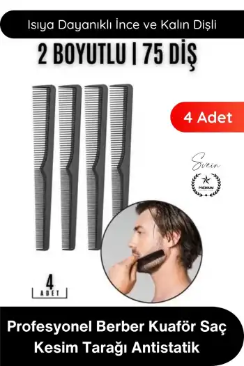#Tarak Profesyonel Berber Kuaför Saç Kesim Tarağı Siyah Karbon Antistatik Isıya Dayanıklı İnce Kalın Dişli Sakal Bıyık Şekillendirme Boyama Fön Tarama Seti 4 Adet 17 cm Hafif Dayanıklı