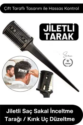 #Tarak Jiletli Saç Sakal İnceltme Tarağı Profesyonel Berber Kuaför Kırık Uç Düzeltme Kat Verme Şekillendirme Seyreltme Kesim Aparatı Çift Taraflı Güvenlik Korumalı Standart Jilet Uyumlu 17 cm