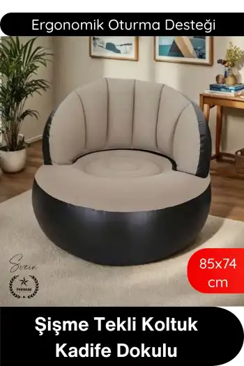 #Koltuk Şişme Tekli Koltuk Kadife Dokulu Ergonomik Konforlu Katlanabilir Portatif Kamp Bahçe Balkon Teras Plaj Havuz PVC Dayanıklı Hava Sızdırmaz Oturma Minderli Misafir Dinlenme Koltuğu 85x74 cm