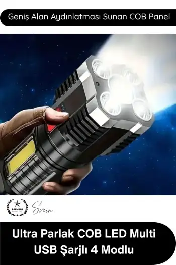#ElFeneri El Feneri Ultra Parlak COB LED Multi USB Şarjlı 4 Modlu Şarj Göstergeli Kamp Piknik Işıldak Acil Durum SOS Yan Panel Güçlü Aydınlatma Taşınabilir Ergonomik Dayanıklı Projektör