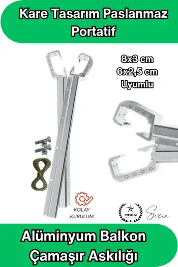 8x3 ve 6x2.5 cm Uyumlu Alüminyum Balkon Çamaşır Askılığı Takılabilir Küpeşte Kurutmalık Kare Boru Uyumlu Paslanmaz Metalik Hafif Dayanıklı 15 Kg Kapasiteli Pratik Montajlı İpli Ev Dış Mekan Askısı