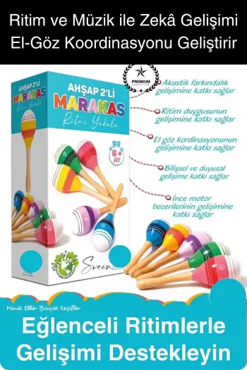Ahşap 2li Marakas Seti Ritmi Yakala Müzik Aleti Çocuk Bebek Sesli Çın Çın Davul Çıngırak Vurmalı