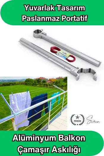 #ÇamaşırAskı Alüminyum Balkon Çamaşır Askılığı Takılabilir Küpeşte Kurutmalık Yuvarlak Boru Uyumlu Paslanmaz Metalik Hafif Dayanıklı 15 Kg Kapasiteli Pratik Montajlı İpli Ev Dış Mekan Askısı