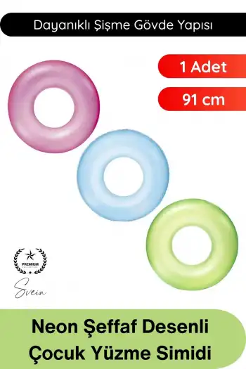 #CanSimidi Neon Şeffaf Desenli Yüzme Simidi Çocuk Havuz Deniz Eğlence Şişme Dayanıklı Güvenli Yaz Tatil Plaj Su Oyuncağı 91 Cm Hafif Taşınabilir Renkli Yüzdürme Aksesuarı Konforlu Kullanım