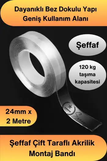 #ÇiftTaraflıBant 120 Kg Taşıma Kapasiteli Şeffaf Çift Taraflı Akrilik Montaj Bandı 24mm x 2 Metre Güçlü Yapışkan İz Bırakmayan Silikonize Sabitleme Bantı Cam Duvar Metal Plastik Ahşap Otomotiv Ayna