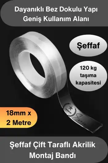 #ÇiftTaraflıBant Şeffaf Çift Taraflı Akrilik Montaj Bandı 18mm x 2 Metre Güçlü Yapışkan İz Bırakmayan Silikonize Nano Sabitleme Bandı Cam Duvar Ayna Otomotiv Çıta Logo Askılık Pano Ev Ofis Kullanımı