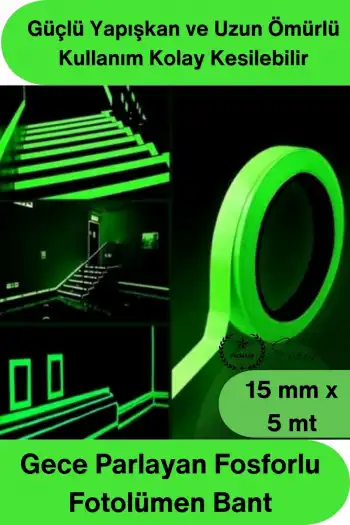 #FosforluBant Gece Parlayan Fosforlu Fotolümen Bant 15mm x 5 Metre Kendinden Yapışkanlı Acil Çıkış Yönlendirme Şeridi Güvenlik Merdiven Basamak Uyarı İşaretleme Işık Depolayan Parlak İz Bantı