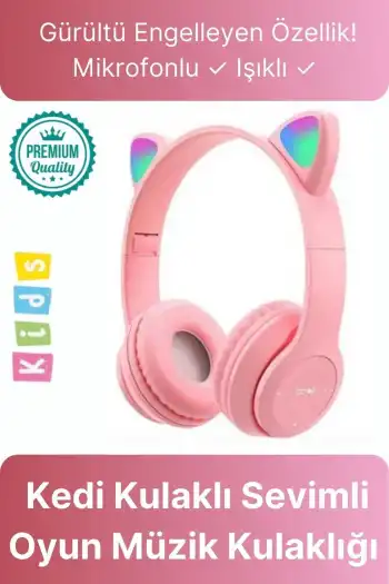 Kablosuz Gürültü Engelleyen Bluetooth Işıklı Mikrofonlu Kedi Kulaklı Sevimli Oyun Müzik Kulaklığı