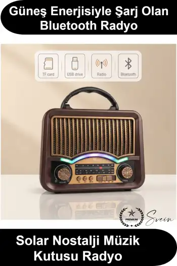 #RetroRadyo Solar Nostalji Müzik Kutusu Şarjlı FM Radyo Bluetooth Hoparlör USB TF Kart Destekli Ahşap Görünümlü Taşınabilir Kulplu Güneş Enerjili Vintage Tasarım Dekoratif Hediyelik Kamp Ev Ofis Bahçe