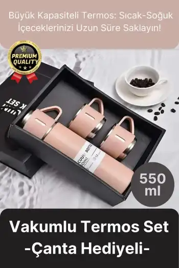 Kaliteli Paslanmaz Çelik Çift Katmanlı Sıcak Soğuk 3 Bardaklı Vakumlu Termos Çanta Hediyeli 550 Ml