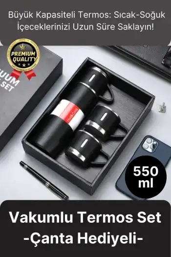 Kaliteli Paslanmaz Çelik Çift Katmanlı Sıcak Soğuk 3 Bardaklı Vakumlu Termos Çanta Hediyeli 550 Ml