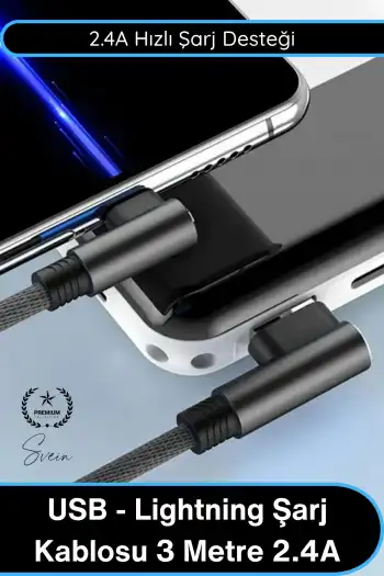 #Lightning USB Lightning Şarj Kablosu 3 Metre 2.4A Hızlı Şarj Veri Aktarım Siyah Dayanıklı Uzun Kablo iPhone iPad Uyumlu Güçlendirilmiş Esnek Kırılmaya Dirençli Bağlantı Aksesuarı