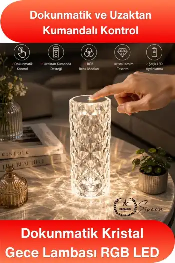 #MasaLamba Dokunmatik Kristal Gece Lambası RGB LED Masa Lambası Uzaktan Kumandalı Şarjlı Dekoratif Abajur Renk Değiştiren Dokunmatik Gece Işığı Hediyelik Aydınlatma