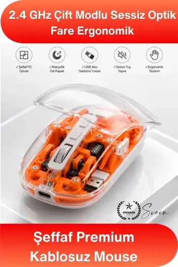 #Mouse Şeffaf Premium Kablosuz Mouse Bluetooth 5.0 2.4GHz Çift Modlu Sessiz Optik Fare USB Alıcılı Şarjlı Ergonomik Dizüstü Bilgisayar Tablet PC Uyumlu Rahat Uzun Ömürlü Dayanıklı