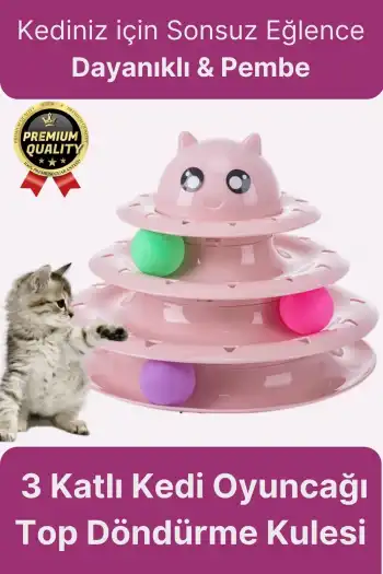 Premium Eğlenceli Renkli Dayanıklı Yuvarlak Kauçuk Pedli 3 Katlı Kedi Oyuncağı Top Döndürme Kulesi
