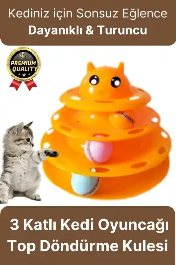 Premium Eğlenceli Renkli Dayanıklı Yuvarlak Kauçuk Pedli 3 Katlı Kedi Oyuncağı Top Döndürme Kulesi