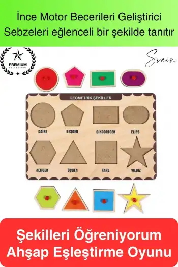 Premium Geometrik Şekiller Ahşap Bul Tak Puzzle Eğitici Oyuncak Tutmalı Motor Becerisi Gelişim