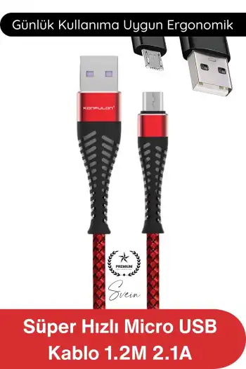 #ŞarjKablo Süper Hızlı Destekleyici S61 Micro USB Kablo 1.2M 2.1A Hızlı Şarj Veri Aktarım Naylon Örgülü Metal Uçlu Dayanıklı Android Telefon Tablet Powerbank Uyumlu Premium Şarj Kablosu Kırmızı