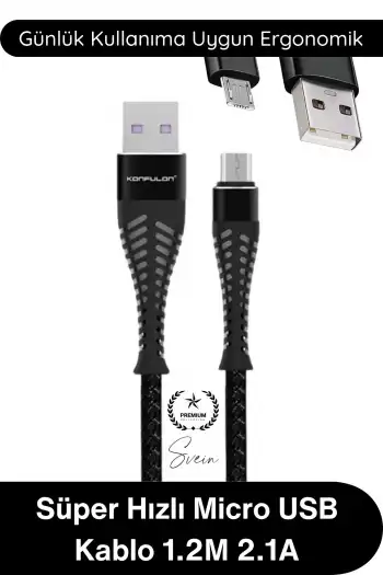 #ŞarjKablo Süper Hızlı Destekleyici S61 Micro USB Kablo 1.2M 2.1A Hızlı Şarj Veri Aktarım Naylon Örgülü Metal Uçlu Dayanıklı Android Telefon Tablet Powerbank Uyumlu Premium Şarj Kablosu Siyah