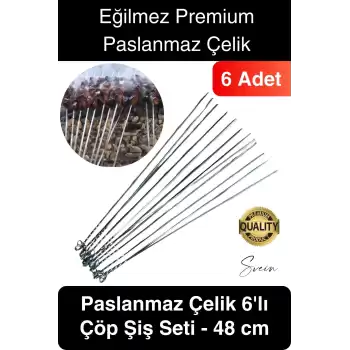 6 Adet Yüksek Kalite 48 cm Mangal Ciğer Kuşbaşı Kebap Şiş Paslanmaz Çelik Adana Urfa Izgara