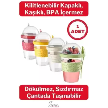 Pratik Taşınabilir Kaşıklı Atıştırmalık Yemek Yoğurt Müsli Granola Diyet Kabı 600ml 1 Adet