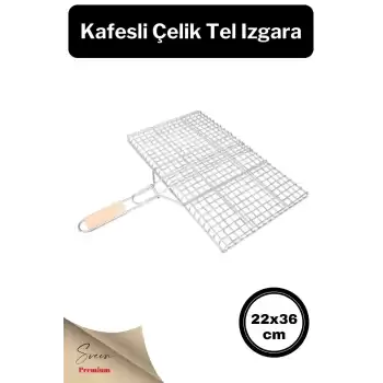 Ahşap Ağaç Saplı Kafesli Çelik Tel Izgara Mangal Barbekü Yemek Pişirme Teli 22 X 36 Cm