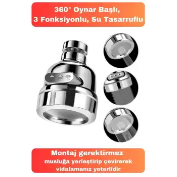 3 Fonksiyonlu Sert Plastik Lavabo Başlık 360 Derece Döner Ayarlanabilir Tasarruflu Musluk Ucu