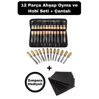 12 Parça Profesyonel Iskarpela Ahşap Saplı Oyma Seti Özel Çantalı Tahta Işleme Zımpara Hediyeli